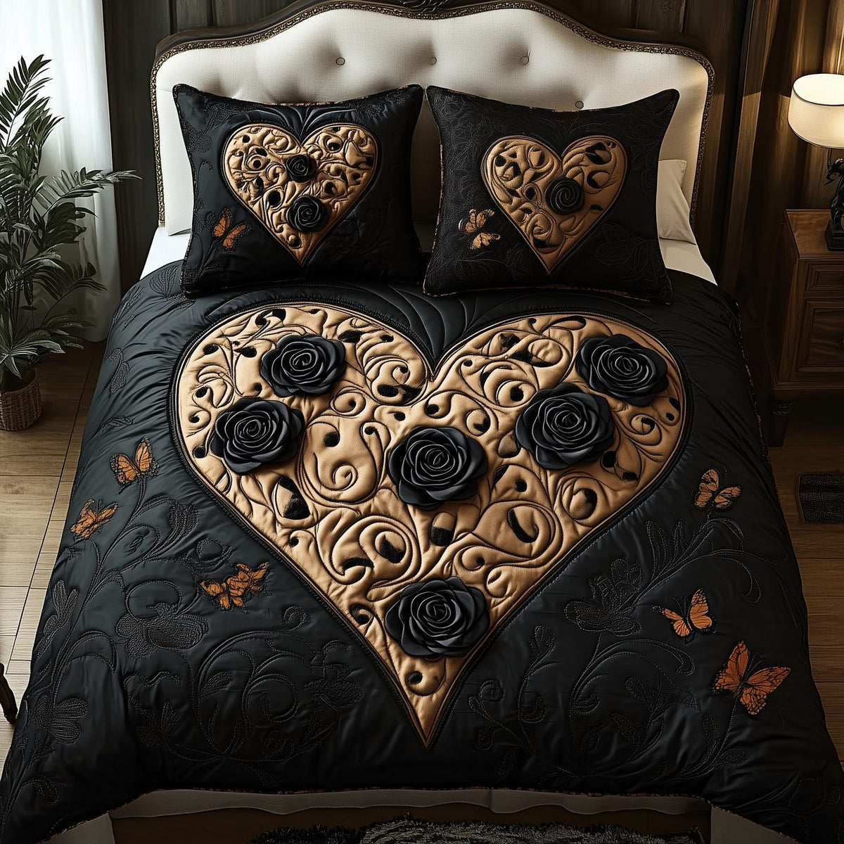 Black Rose quilted 3-piece bedding set on a made bed with two matching pillow shams