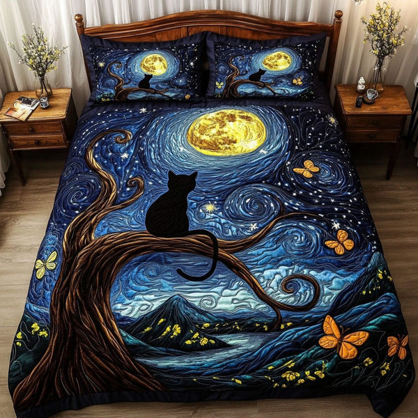 Black Velvet Moon quilted 3-piece bedding set on a made bed with two matching pillow shams