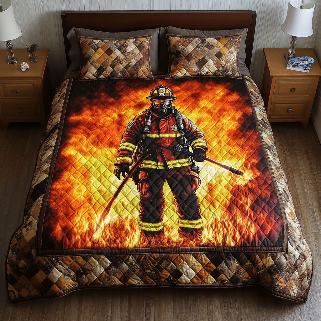 Blaze Protector quilted 3-piece bedding set on a made bed with two matching pillow shams