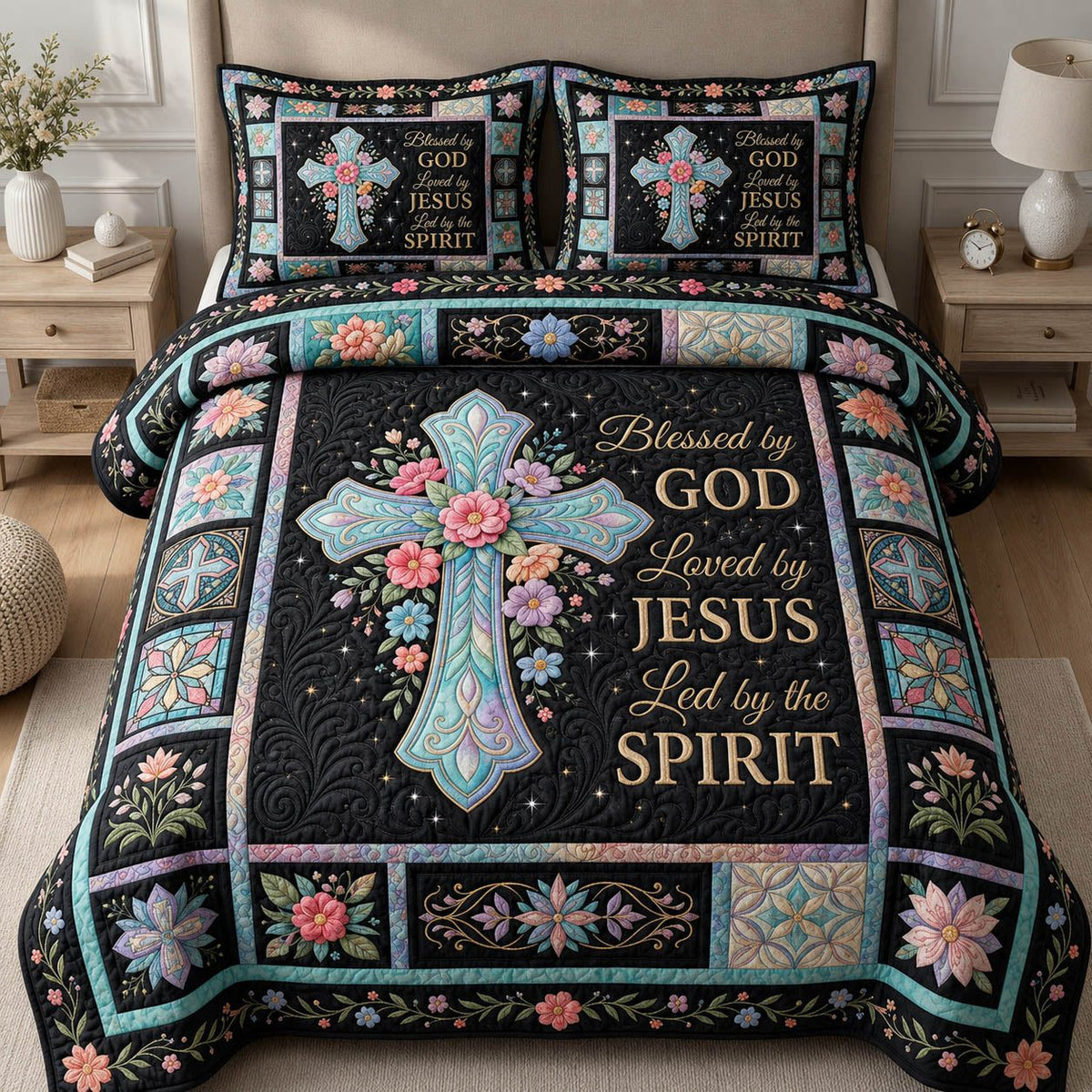Blessed By God quilted 3-piece bedding set on a made bed in a softly lit bedroom