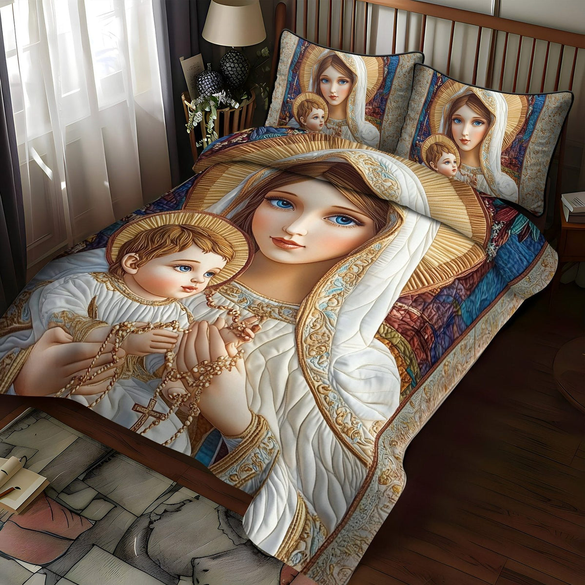 Blessed Embrace quilted 3-piece bedding set on a made bed in a softly lit bedroom