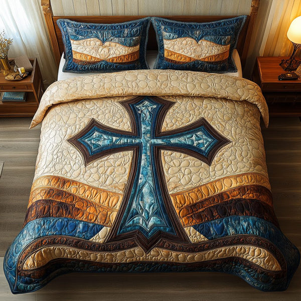 Blessed Harmony quilted 3-piece bedding set on a made bed in a softly lit bedroom