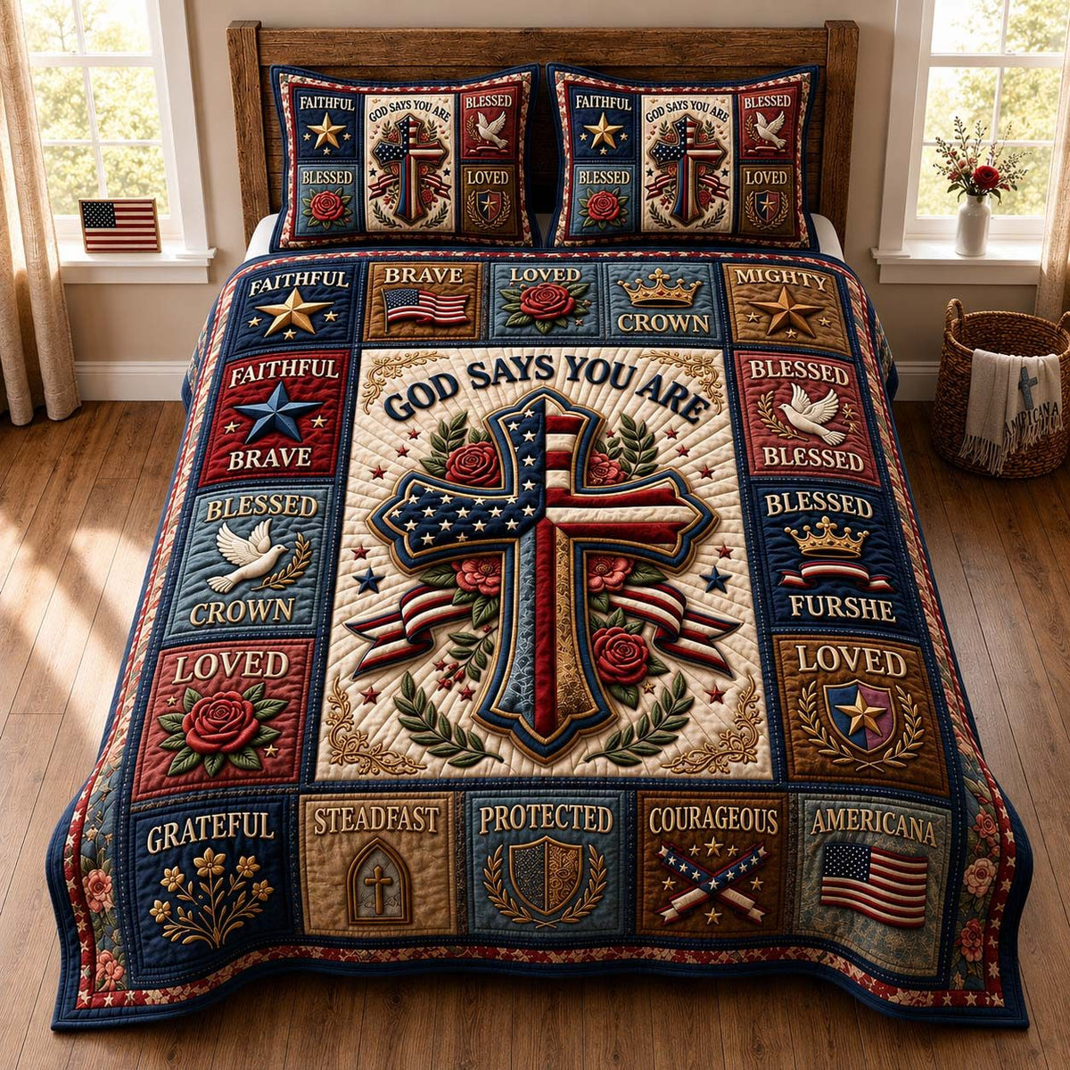 Blessed Heritage quilted 3-piece bedding set on a made bed in a softly lit bedroom