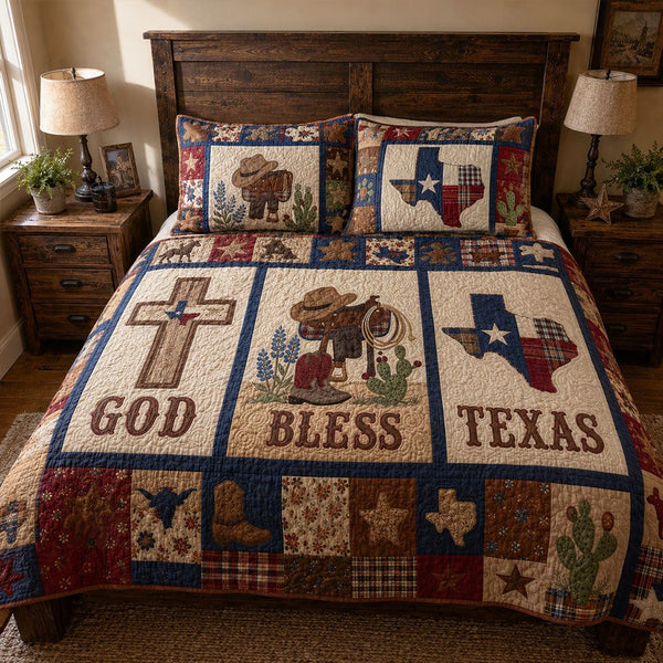 Blessed Southern Soil quilted 3-piece bedding set on a made bed in a softly lit bedroom