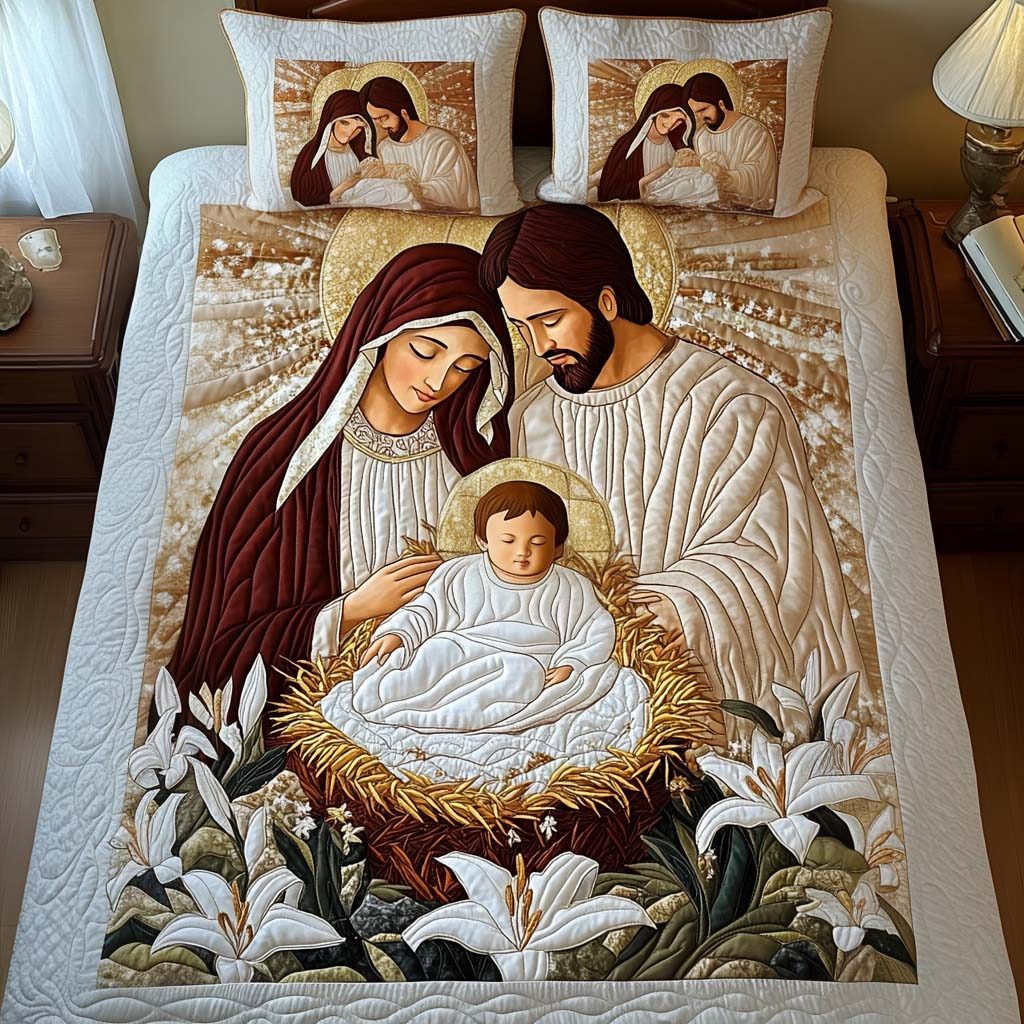 Blessed Unity quilted 3-piece bedding set on a made bed in a softly lit bedroom