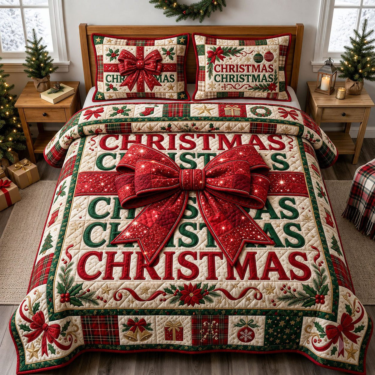 Bling Christmas Gift quilted 3-piece bedding set on a made bed in a winter-styled bedroom