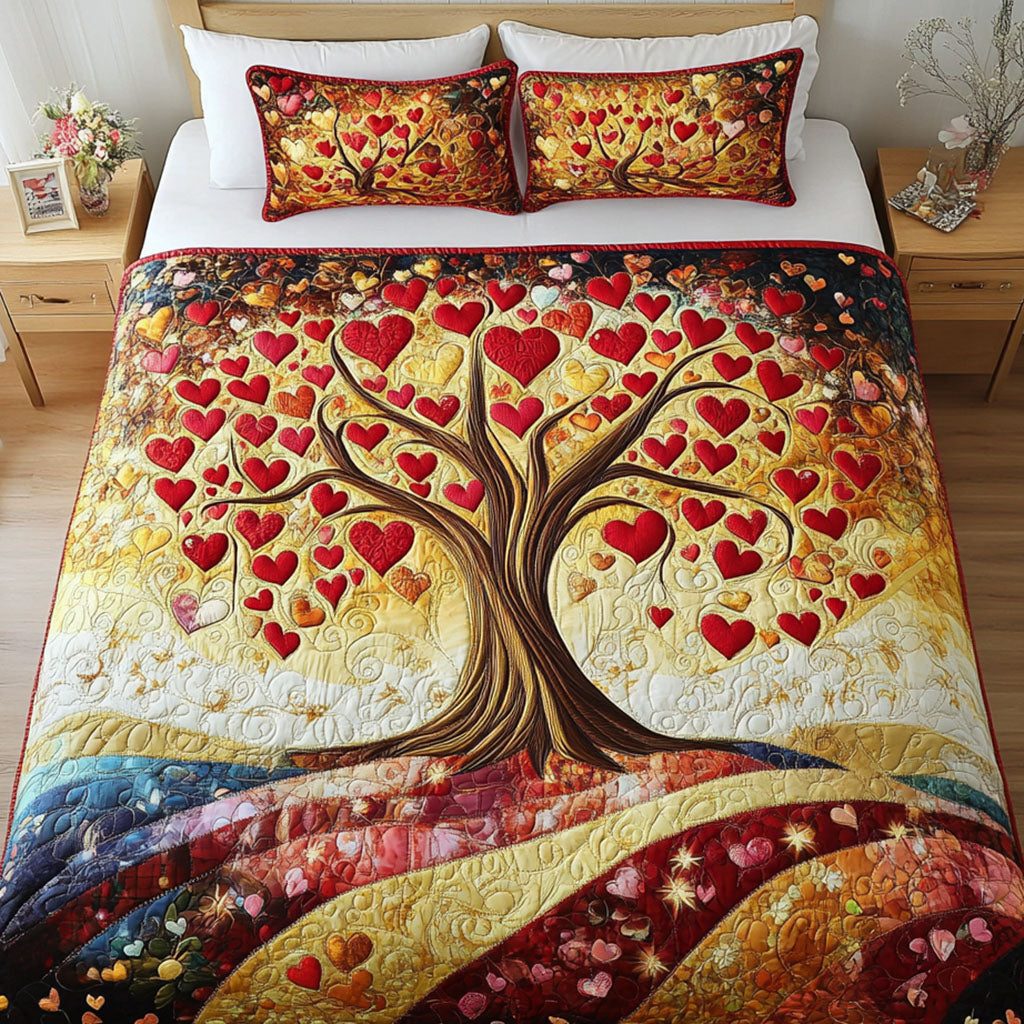 Blissful Roots quilted 3-piece bedding set on a made bed with two matching pillow shams