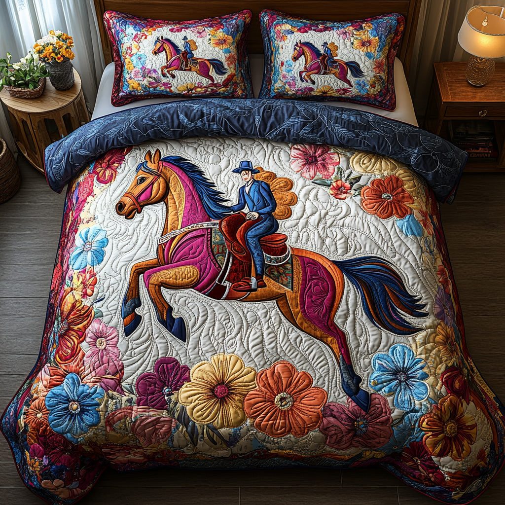 Bloom And Ride quilted 3-piece bedding set on a made bed with two matching pillow shams