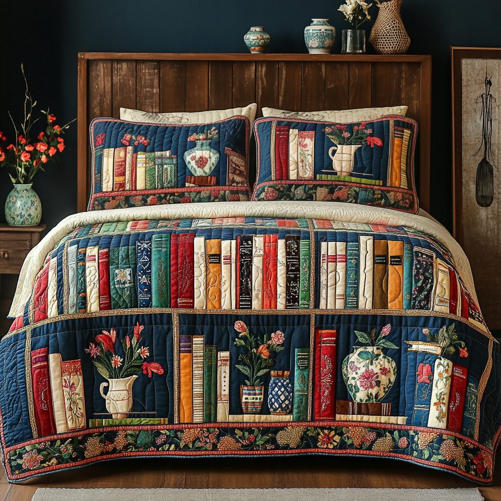 Bloom Books quilted 3-piece bedding set on a made bed with two matching pillow shams