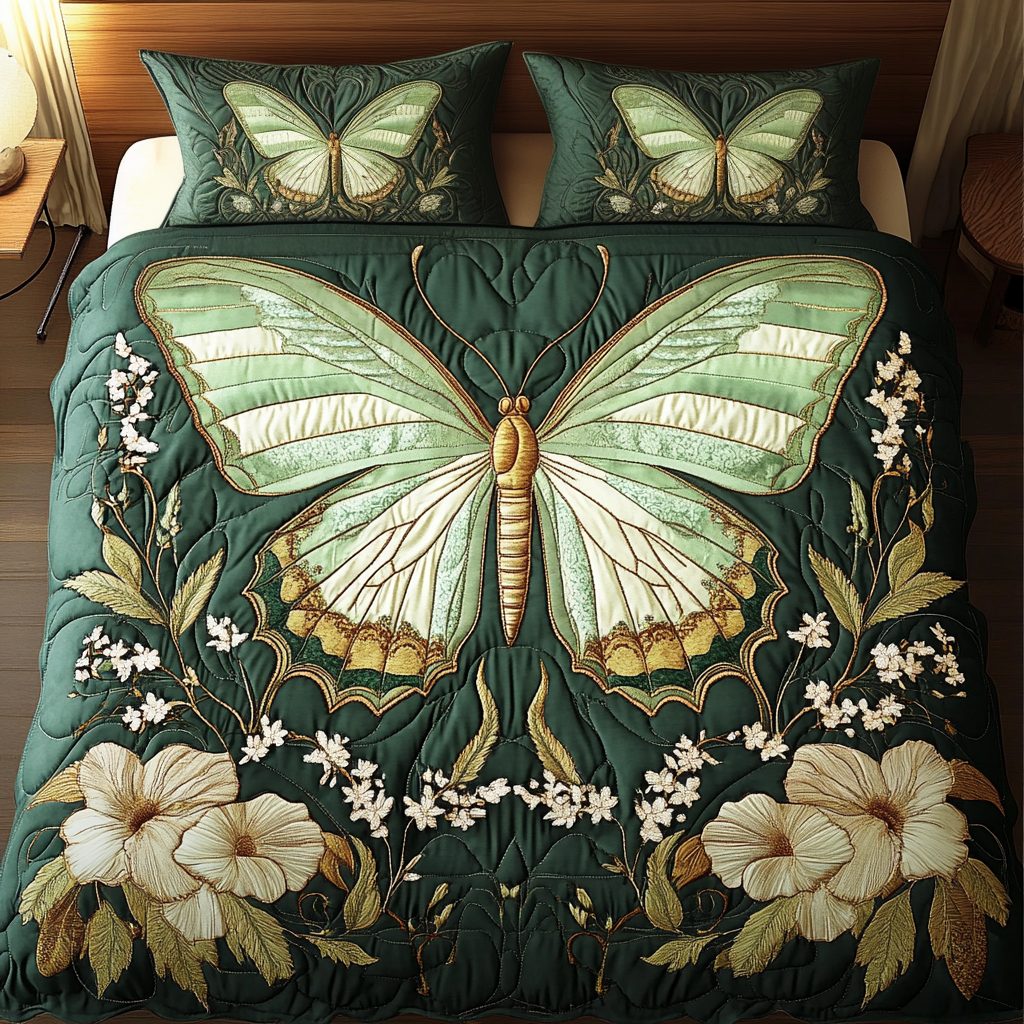 Bloom Butter quilted 3-piece bedding set on a made bed with two matching pillow shams