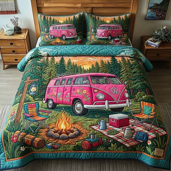 Bloom Camper quilted 3-piece bedding set on a made bed with two matching pillow shams