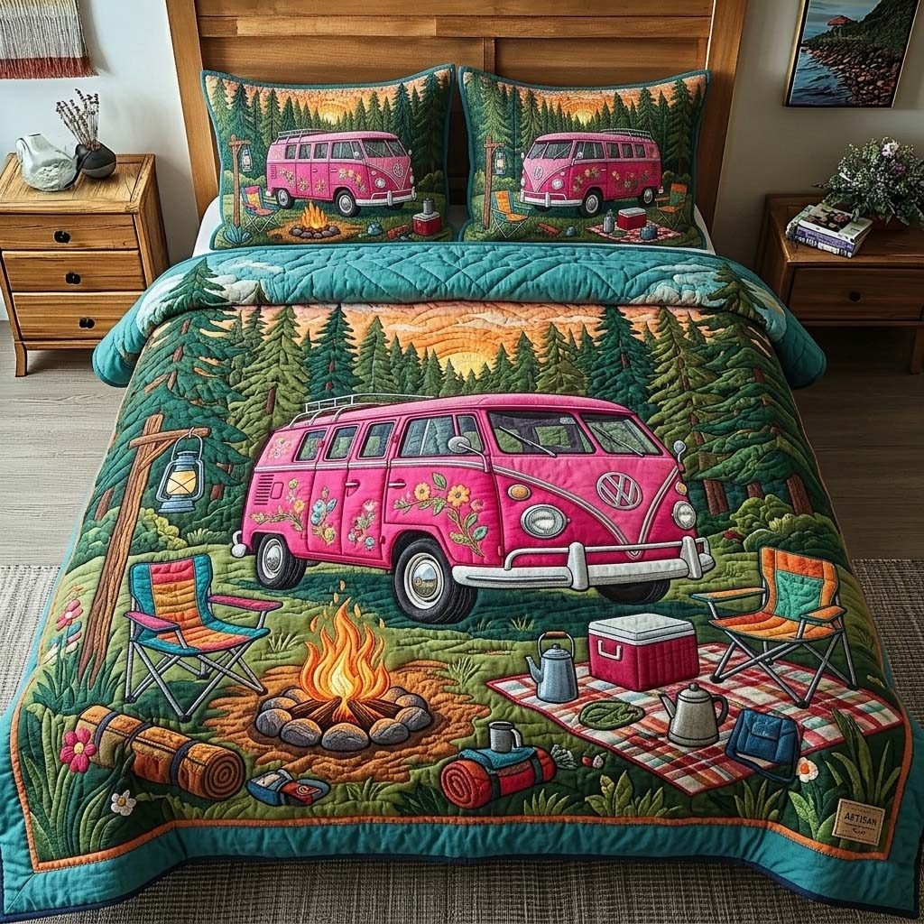 Bloom Camper quilted 3-piece bedding set on a made bed with two matching pillow shams