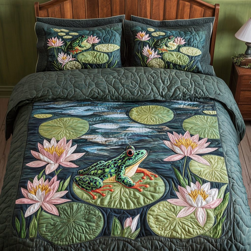 Bloom Frog quilted 3-piece bedding set on a made bed with two matching pillow shams