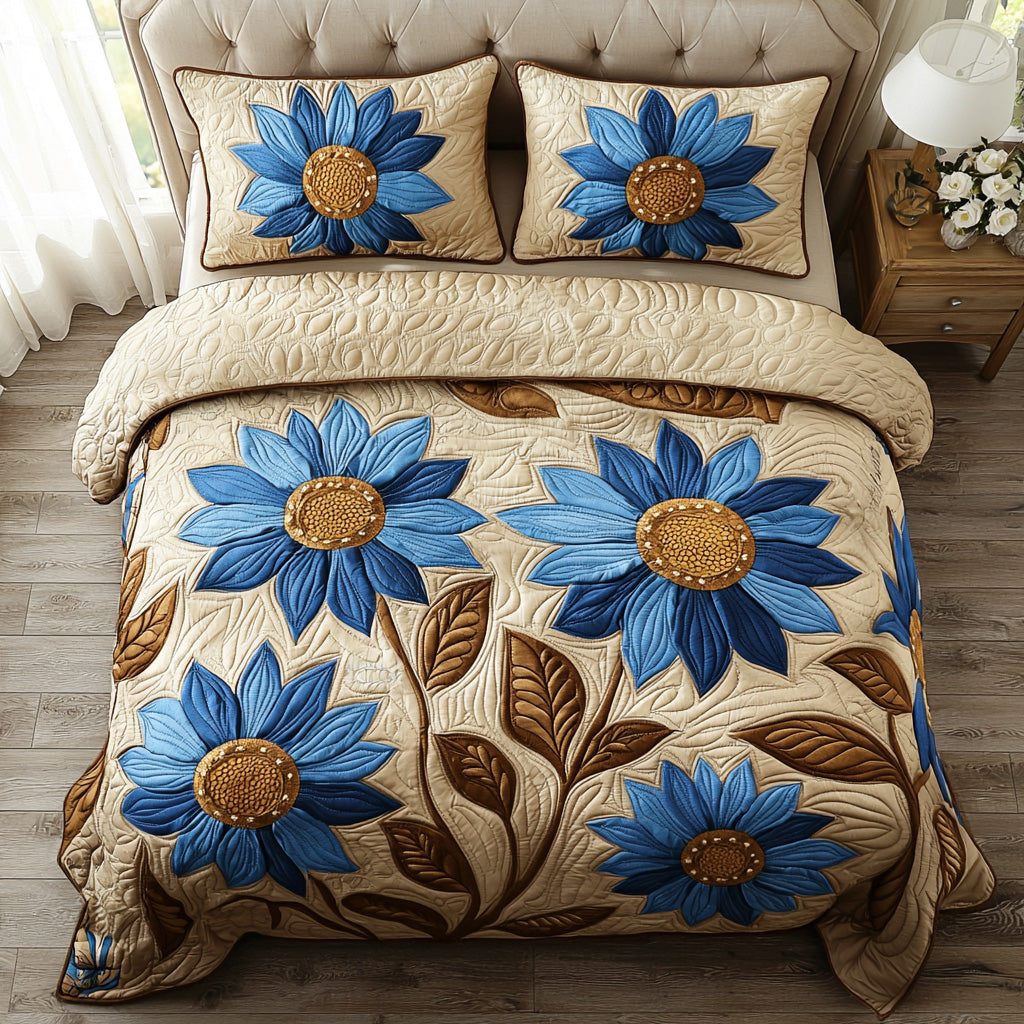 Bloom Glow quilted 3-piece bedding set on a made bed with two matching pillow shams