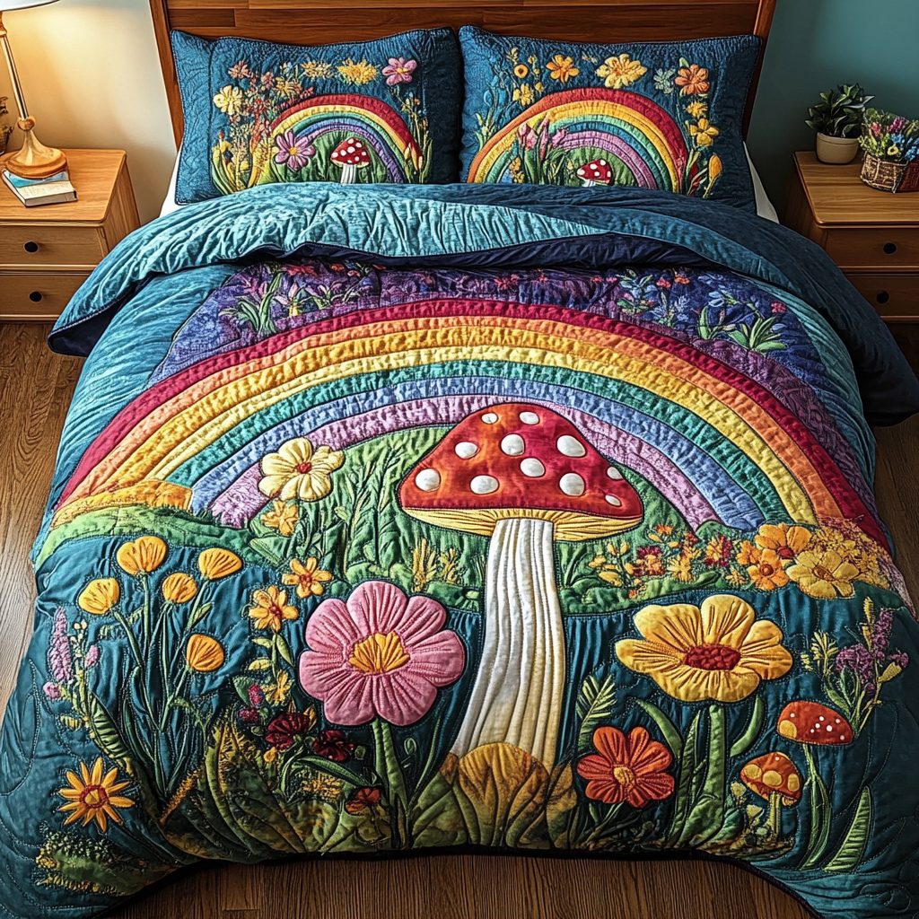 Bloom Glow quilted 3-piece bedding set on a made bed with two matching pillow shams