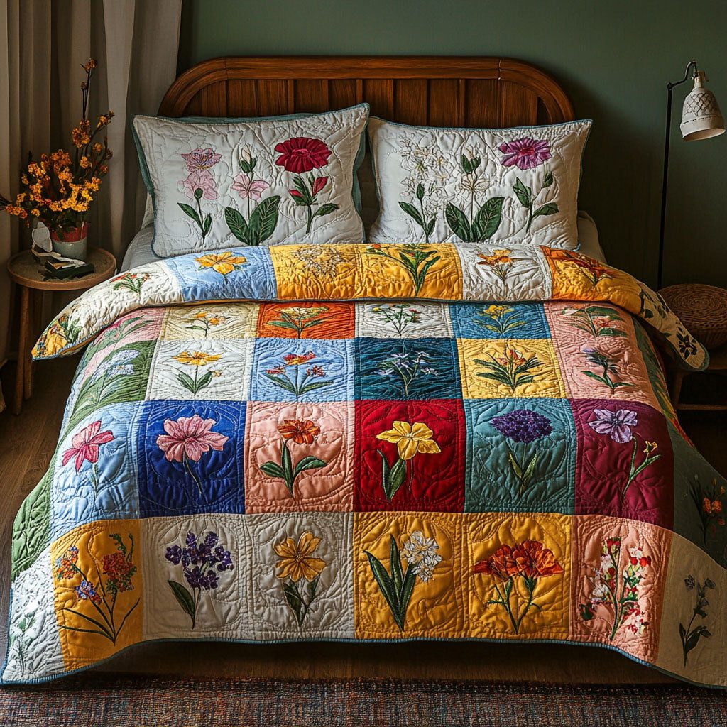 Bloom Haven quilted 3-piece bedding set on a made bed with two matching pillow shams