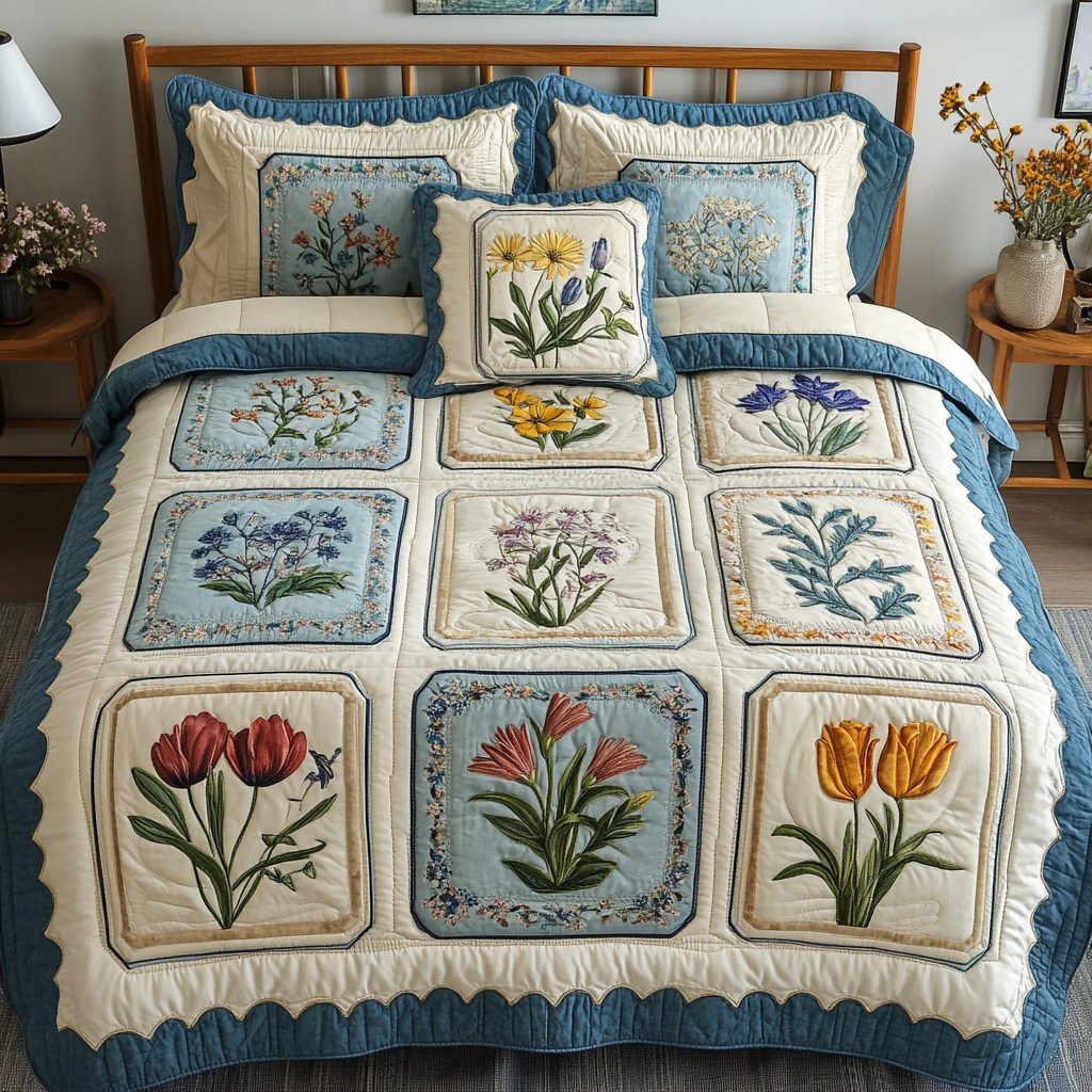 Bloom Haven quilted 3-piece bedding set on a made bed with two matching pillow shams