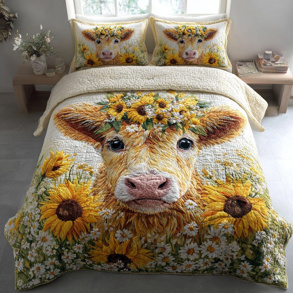 Bloom Highland Cow quilted 3-piece bedding set on a made bed with two matching pillow shams