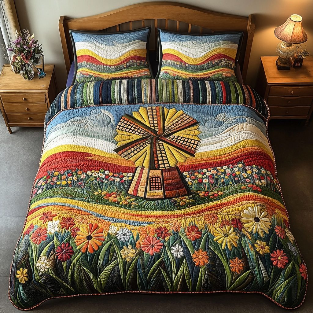 Bloom Path quilted 3-piece bedding set on a made bed with two matching pillow shams