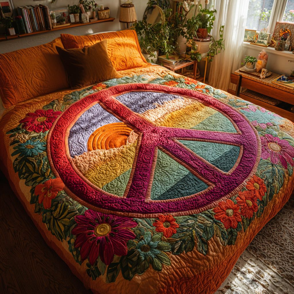 Bloom Peace quilted 3-piece bedding set on a made bed with two matching pillow shams