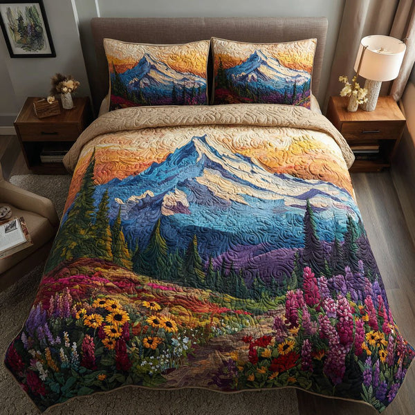 Bloom Ridge quilted 3-piece bedding set on a made bed with two matching pillow shams