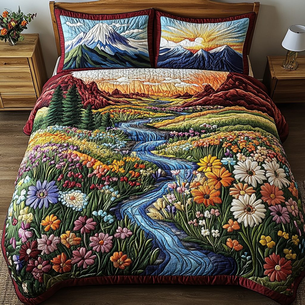 Bloom Sky quilted 3-piece bedding set on a made bed with two matching pillow shams