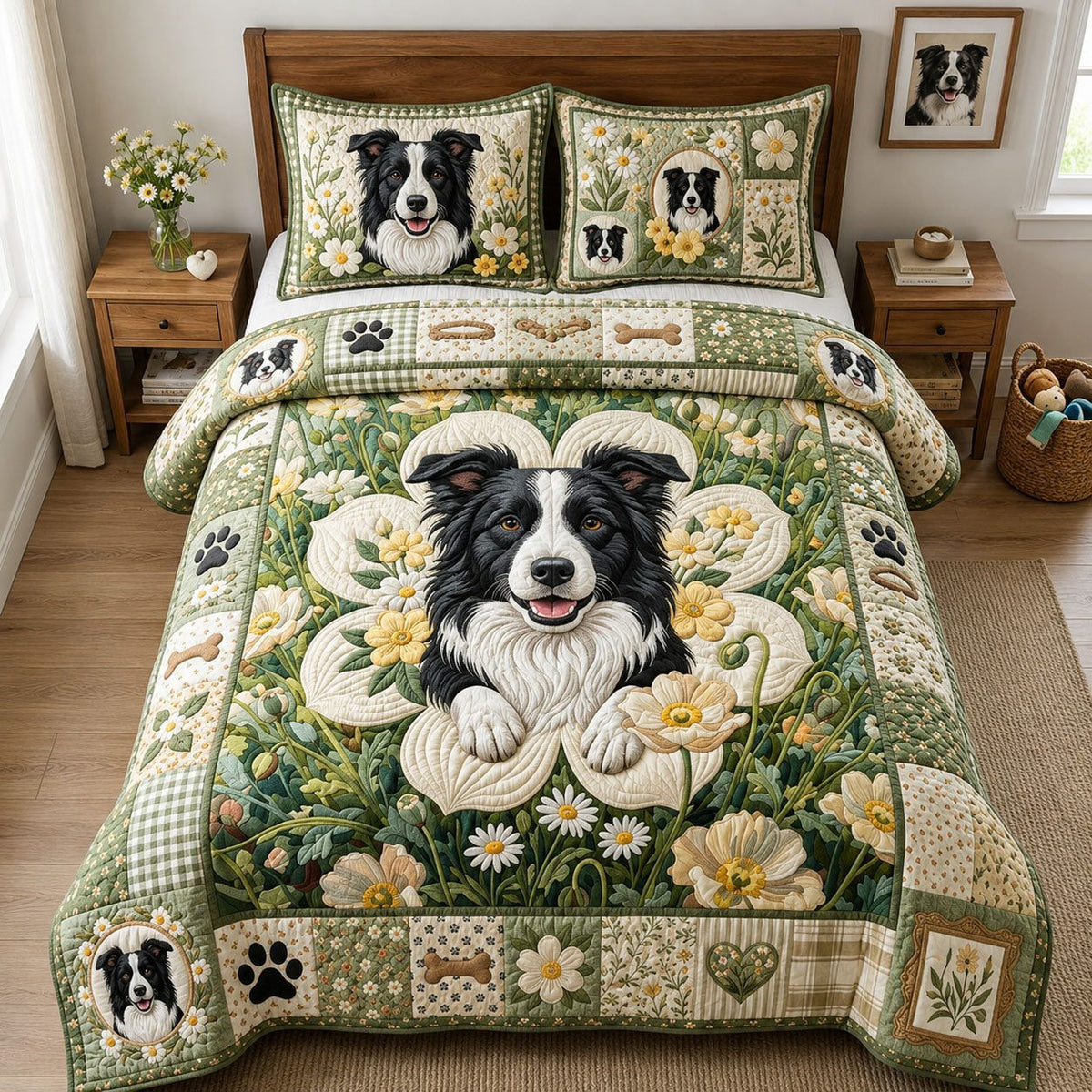 Bloomer Border Collie quilted 3-piece bedding set on a made bed with two matching pillow shams