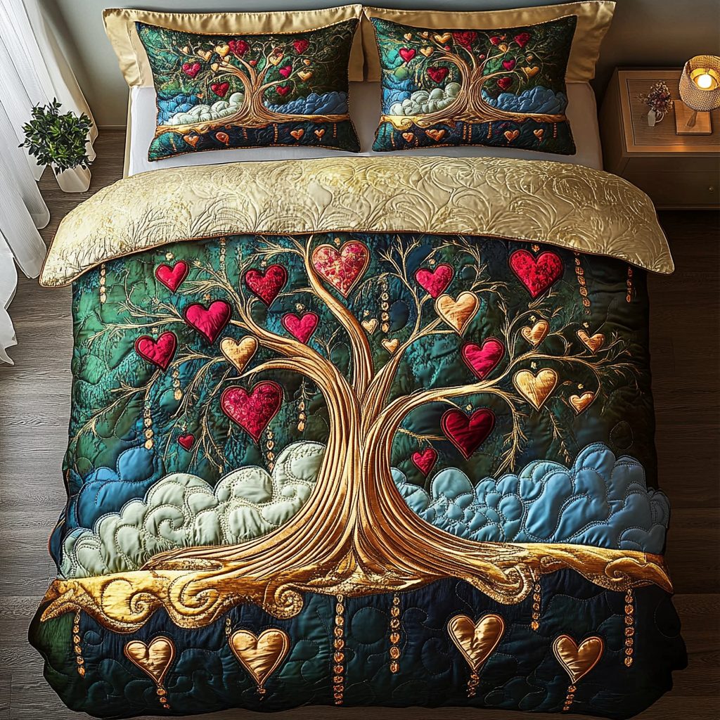 Blooming Affection quilted 3-piece bedding set on a made bed with two matching pillow shams
