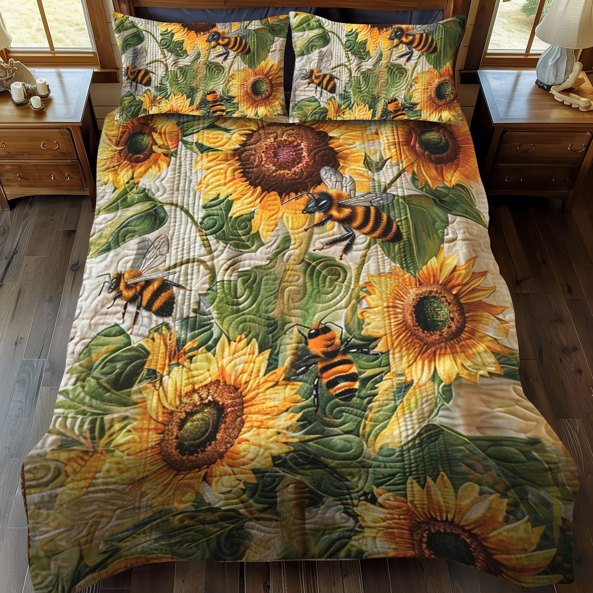 Blooming Bee Paradise quilted 3-piece bedding set on a made bed with two matching pillow shams