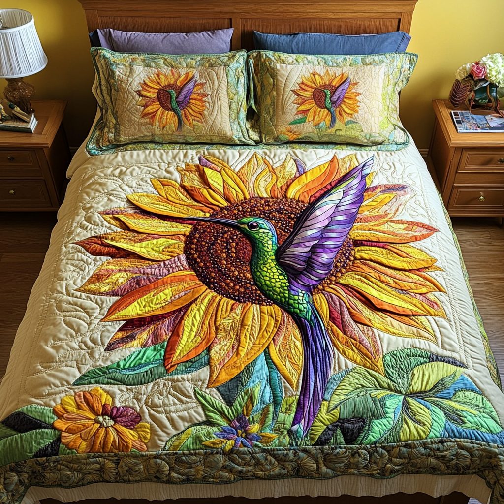 Blooming Breeze quilted 3-piece bedding set on a made bed with two matching pillow shams