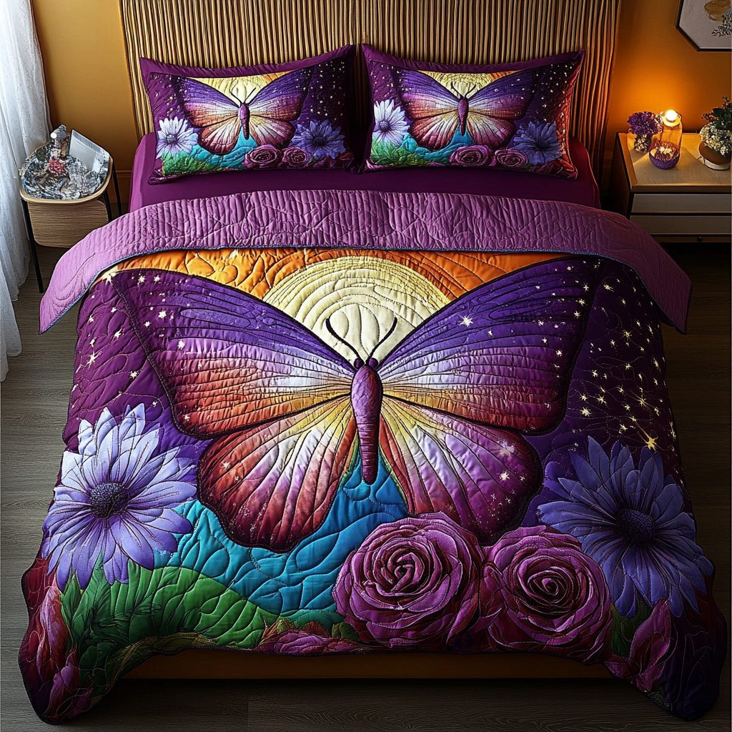 Blooming Butterfly quilted 3-piece bedding set on a made bed with two matching pillow shams