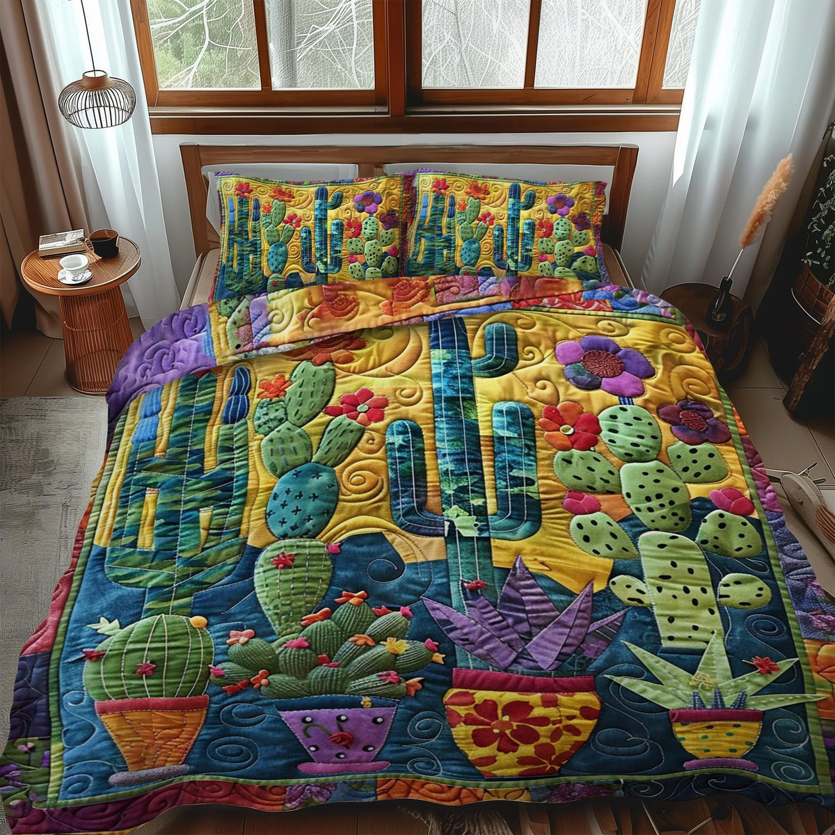 Blooming Cacti quilted 3-piece bedding set on a made bed with two matching pillow shams