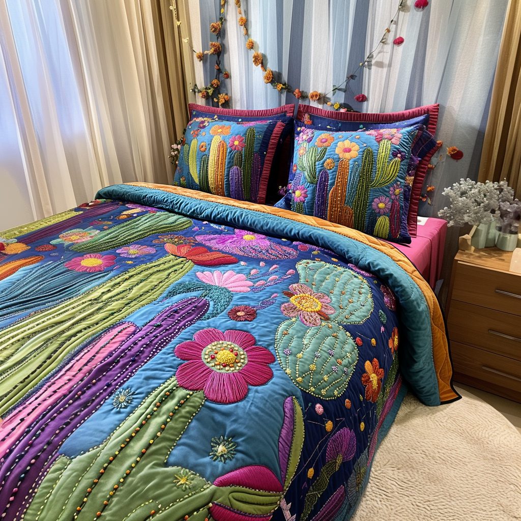 Blooming Cactus quilted 3-piece bedding set on a made bed with two matching pillow shams