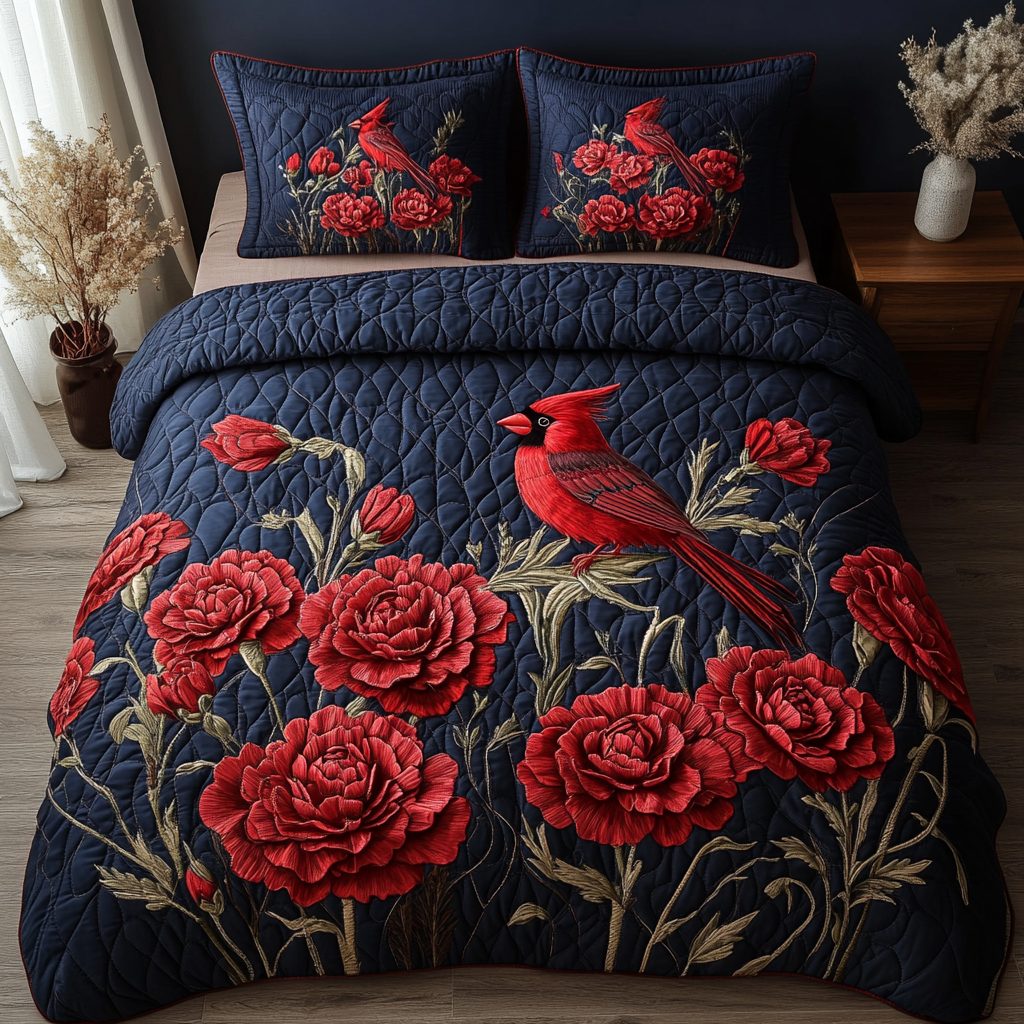 Blooming Cardinal quilted 3-piece bedding set on a made bed with two matching pillow shams