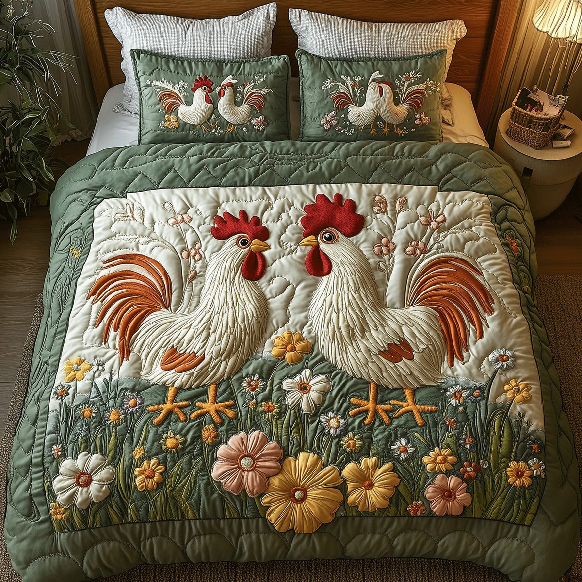 Blooming Chicken Haven quilted 3-piece bedding set on a made bed with two matching pillow shams