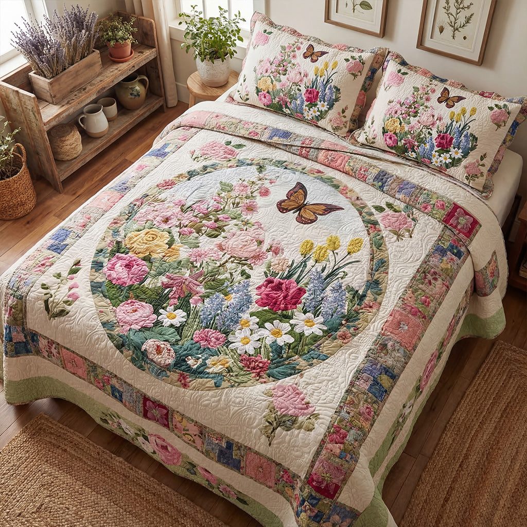 Blooming Cottage Garden quilted 3-piece bedding set on a made bed in a farmhouse bedroom