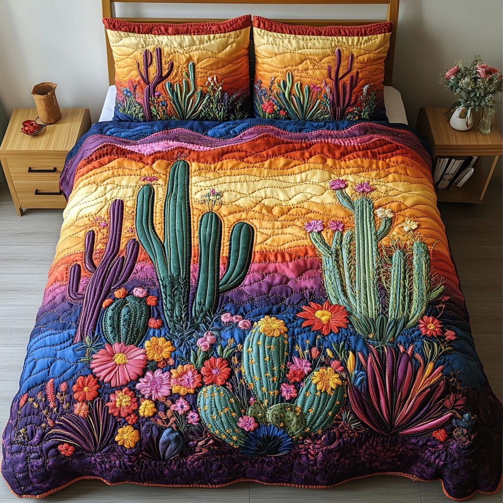Blooming Desert quilted 3-piece bedding set on a made bed with two matching pillow shams