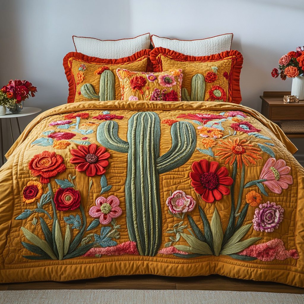 Blooming Desert quilted 3-piece bedding set on a made bed with two matching pillow shams