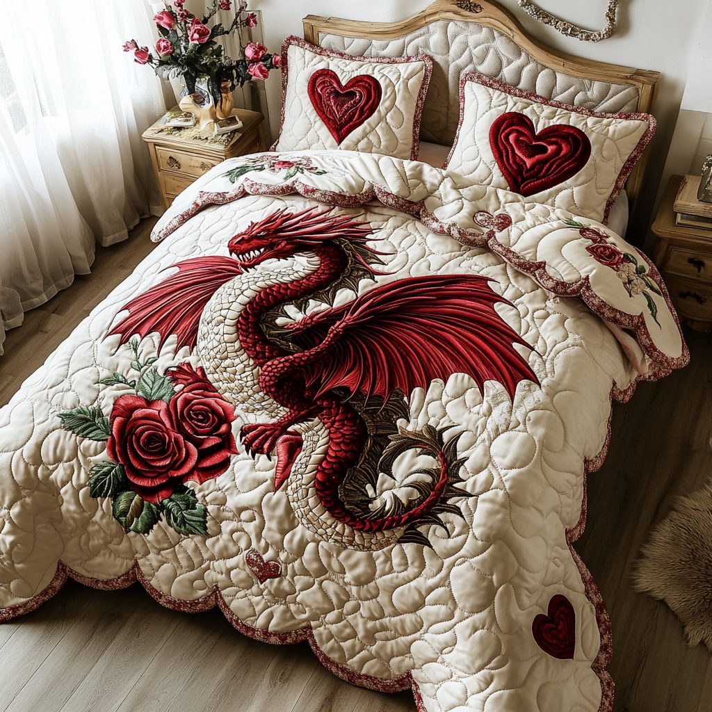 Blooming Dragon quilted 3-piece bedding set on a made bed with two matching pillow shams