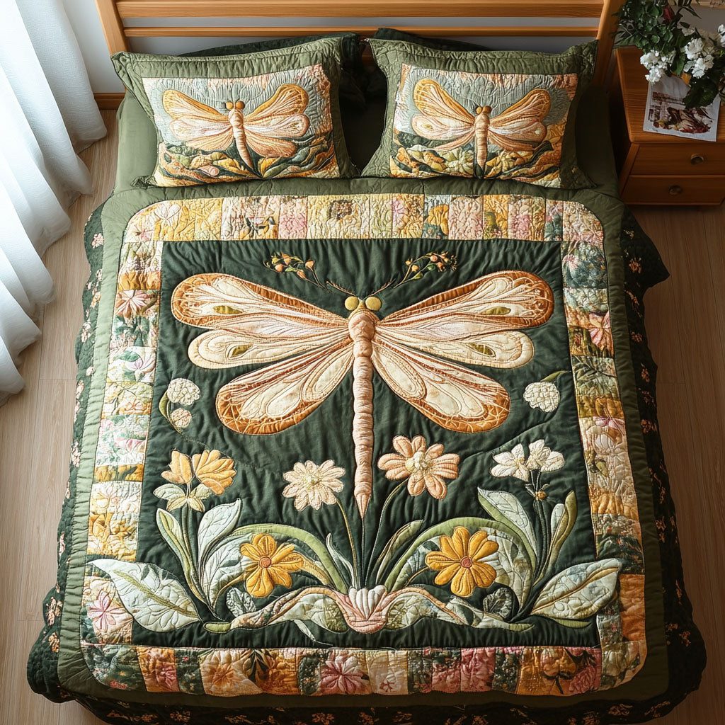 Blooming Dragonfly quilted 3-piece bedding set on a made bed with two matching pillow shams