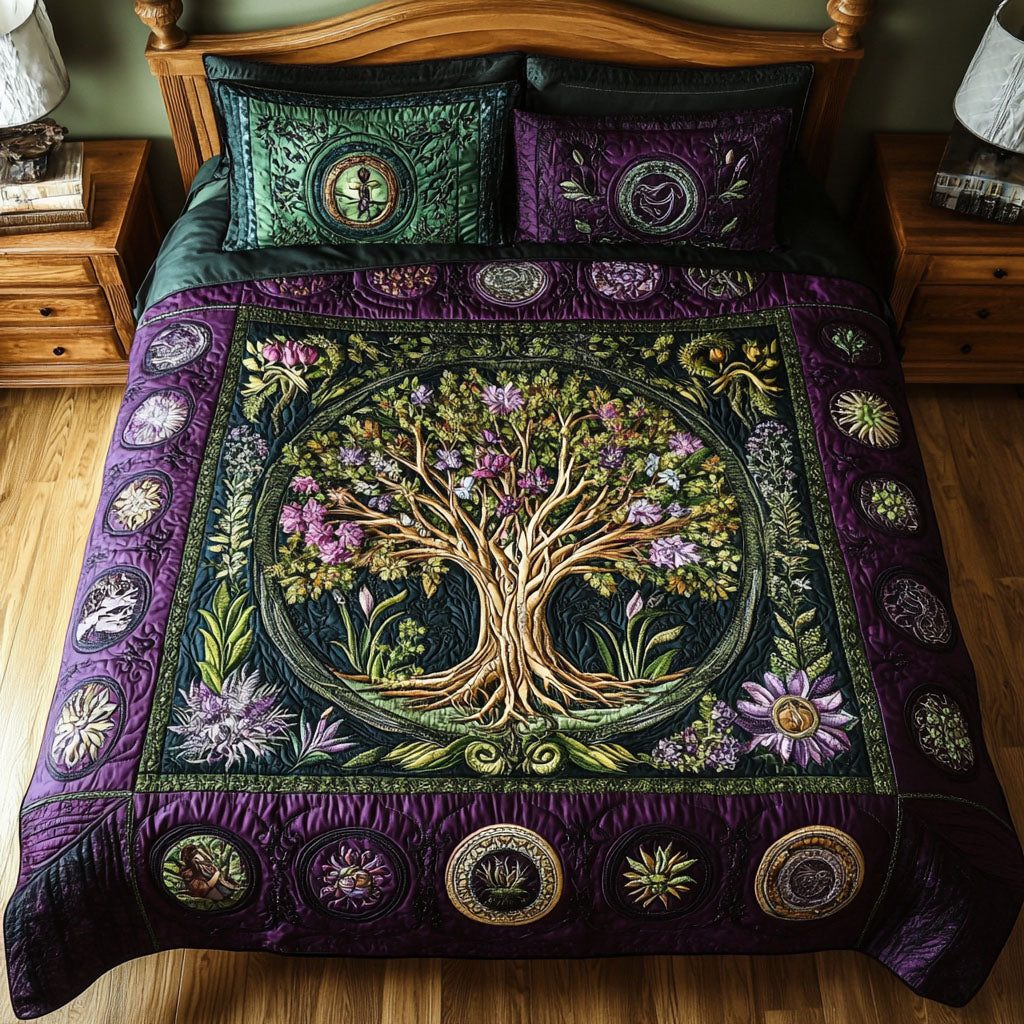 Blooming Eternity quilted 3-piece bedding set on a made bed with two matching pillow shams