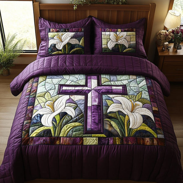 Blooming Fate quilted 3-piece bedding set on a made bed with two matching pillow shams