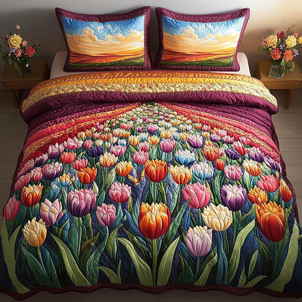 Blooming Fields quilted 3-piece bedding set on a made bed with two matching pillow shams