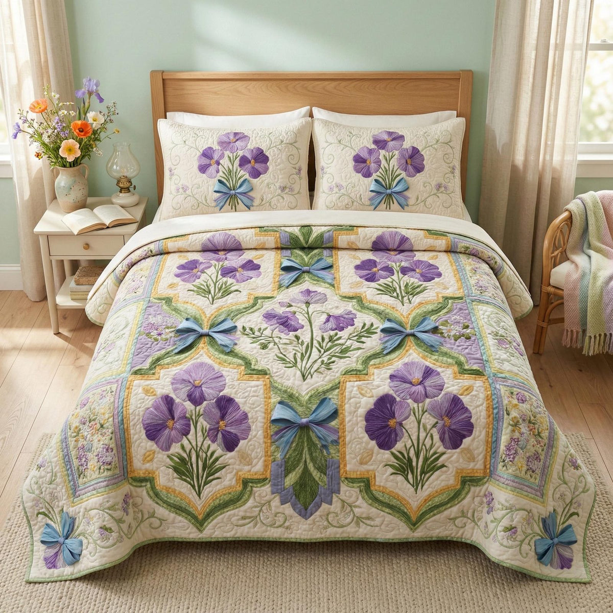 Blooming Fields quilted 3-piece bedding set on a made bed with two matching pillow shams