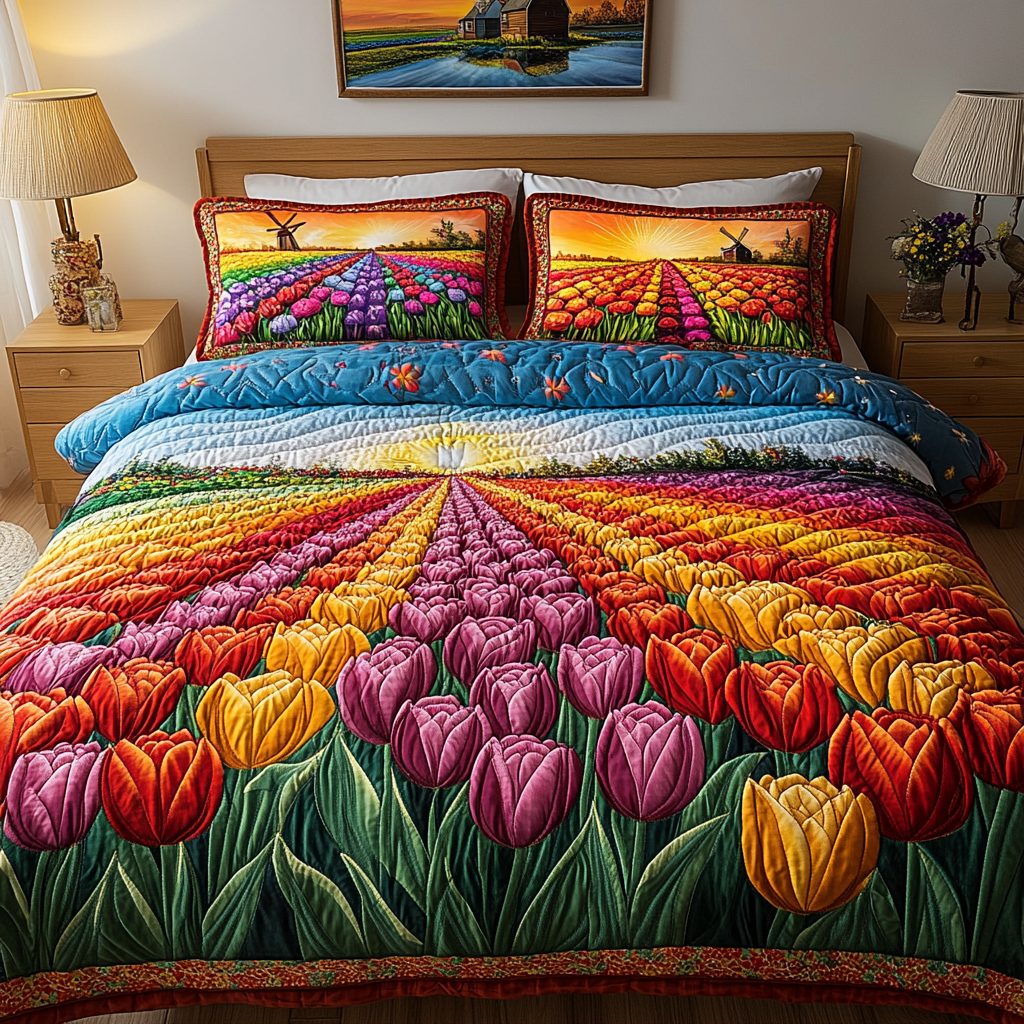 Blooming Fields quilted 3-piece bedding set on a made bed with two matching pillow shams