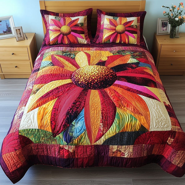 Blooming Flower Patchwork quilted 3-piece bedding set on a made bed in a farmhouse bedroom