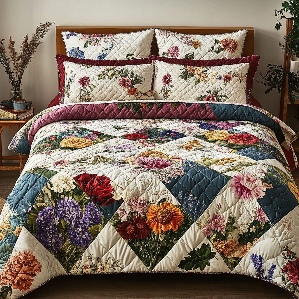 Blooming Garden quilted 3-piece bedding set on a made bed with two matching pillow shams
