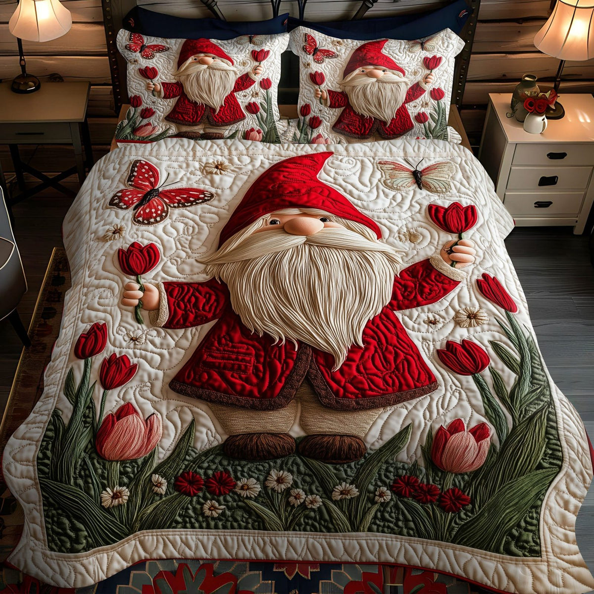 Blooming Gnome quilted 3-piece bedding set on a made bed in a winter-styled bedroom
