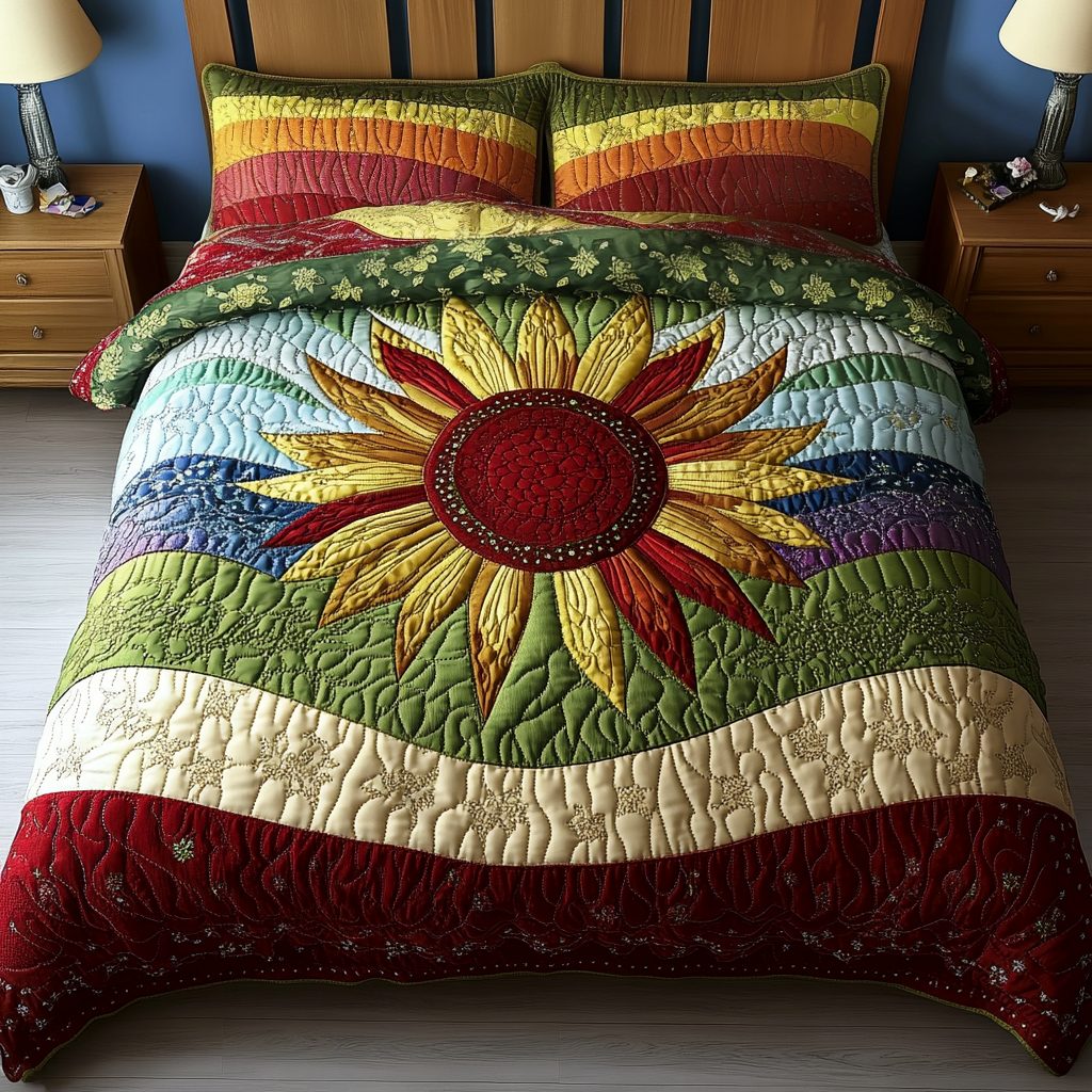 Blooming Grace quilted 3-piece bedding set on a made bed with two matching pillow shams