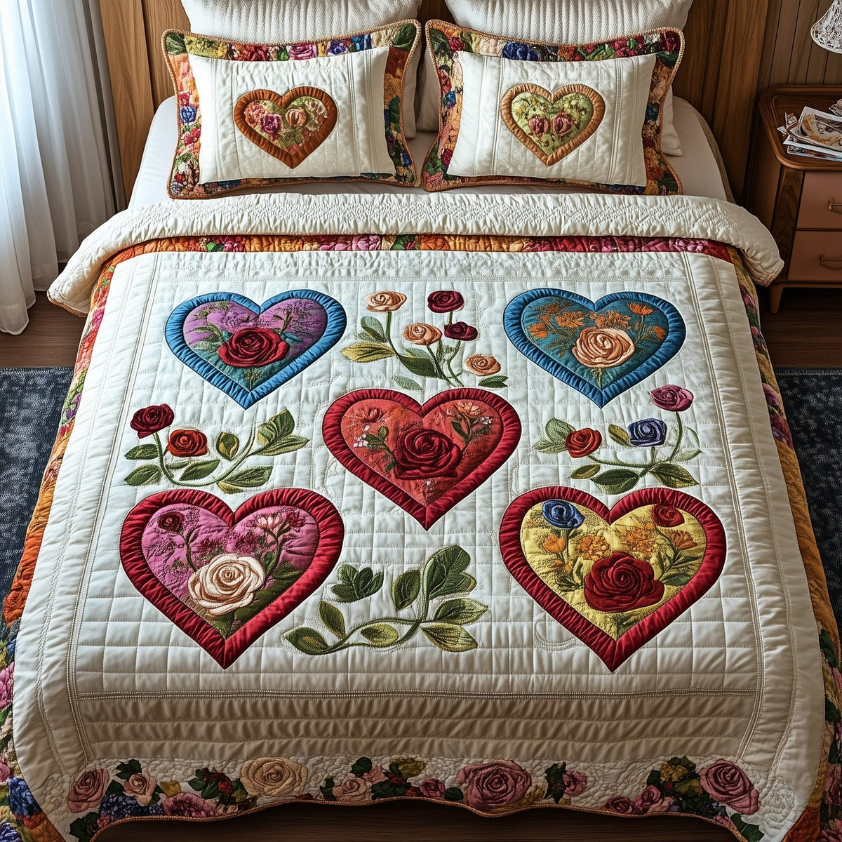 Blooming Heart quilted 3-piece bedding set on a made bed with two matching pillow shams
